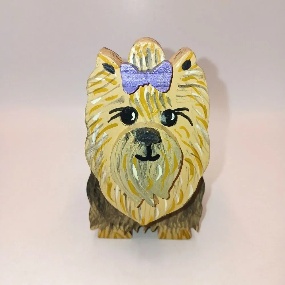 Wooden Yorkshire Terrier Yorkie Dog Puppy Figurine Statue Layered Wood 4.5 in